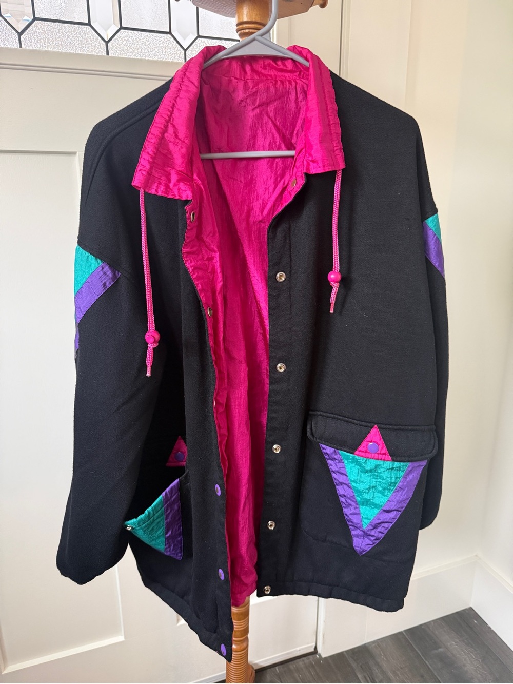 Vintage 1980’s- Black Bomber Jacket with Hot Pink Lining and Colorblock Accents